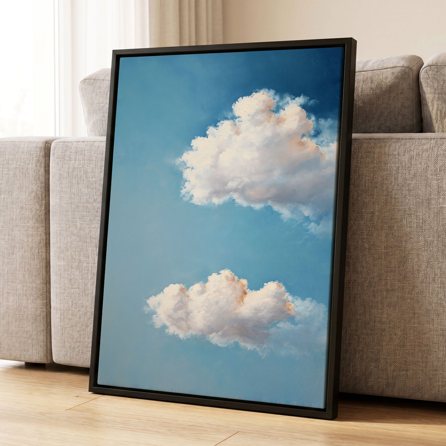 Soft Skies, Slow Clouds, blue, white, gray nature wall art displayed in a styled interior, gallery view 8