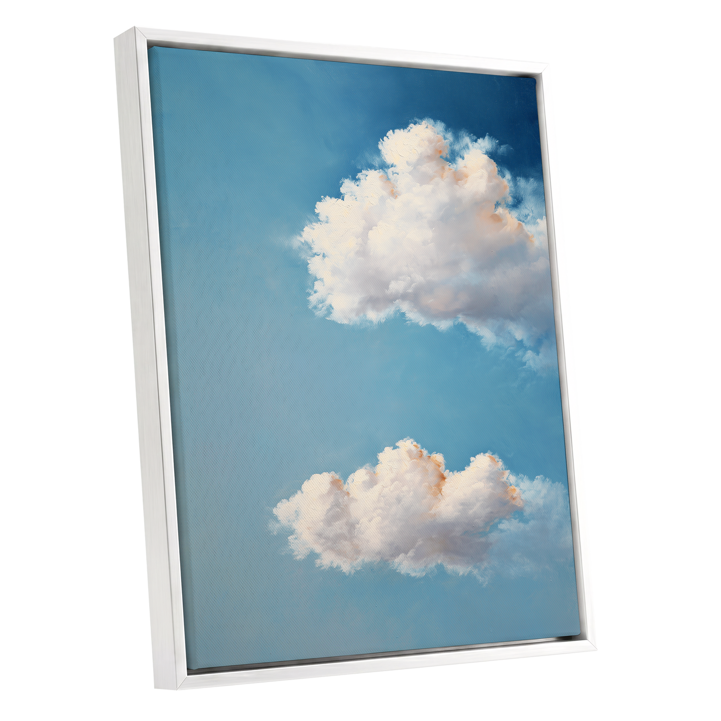 Soft Skies, Slow Clouds, blue, white, gray nature wall art shown as a white framed canvas wall art