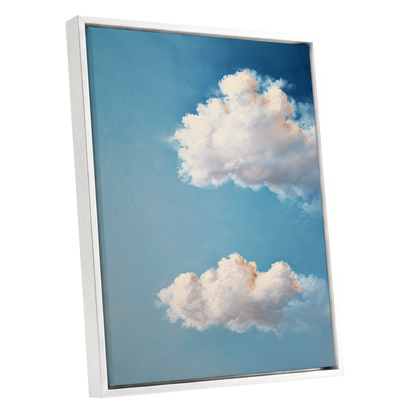 Soft Skies, Slow Clouds, blue, white, gray nature wall art shown as a white framed canvas wall art