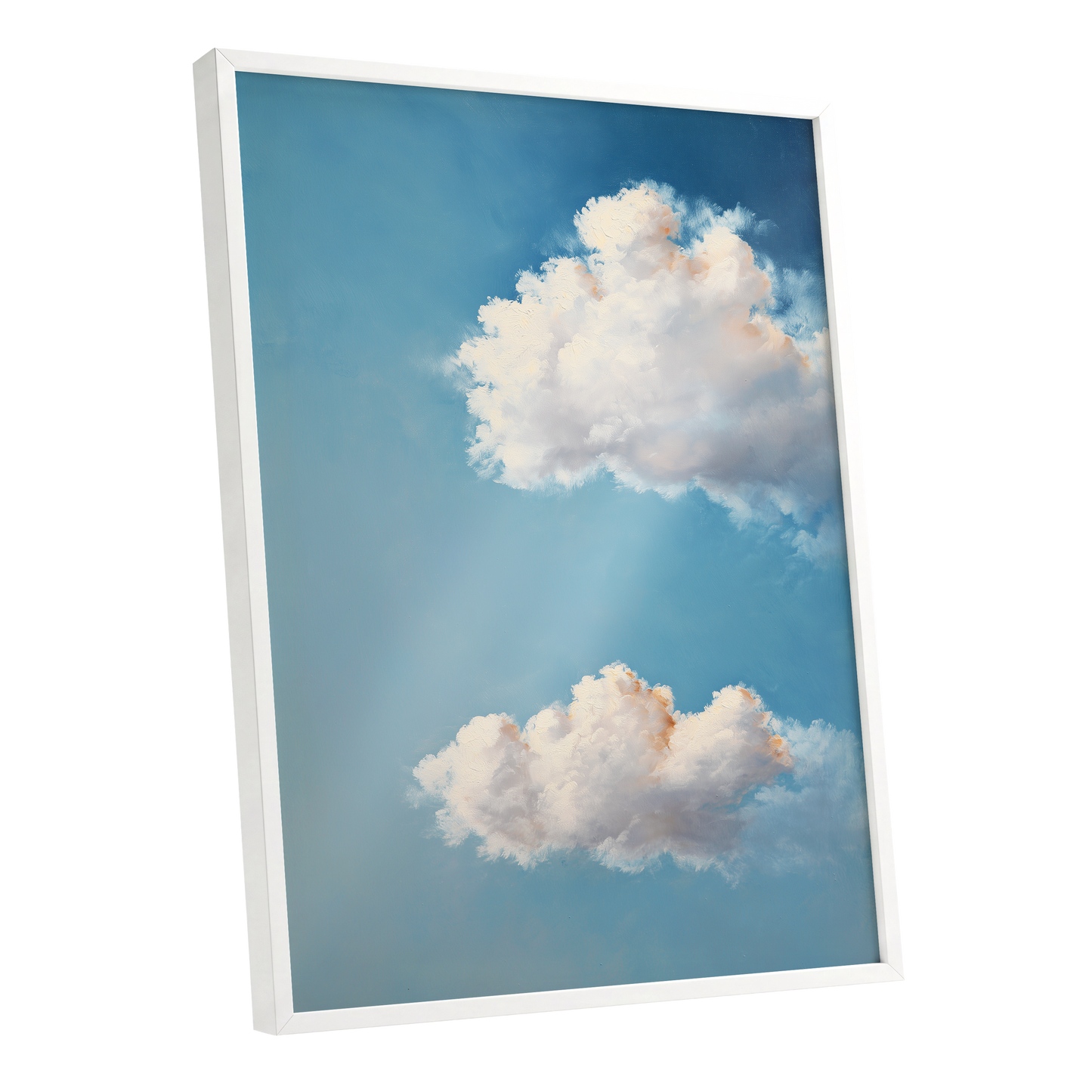 Soft Skies, Slow Clouds, blue, white, gray nature wall art shown as a white framed poster wall art print