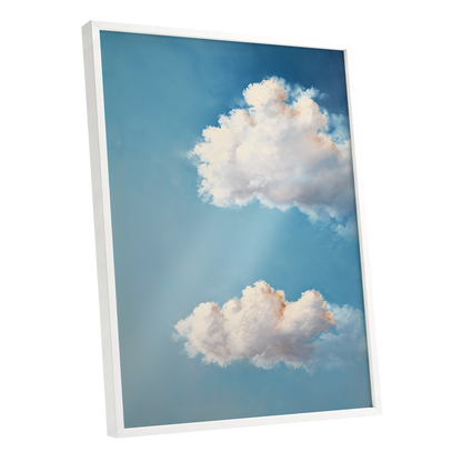 Soft Skies, Slow Clouds, blue, white, gray nature wall art shown as a white framed poster wall art print