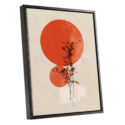 Solar Botanical Study, beige, red, orange nature wall art shown as a black framed canvas wall art