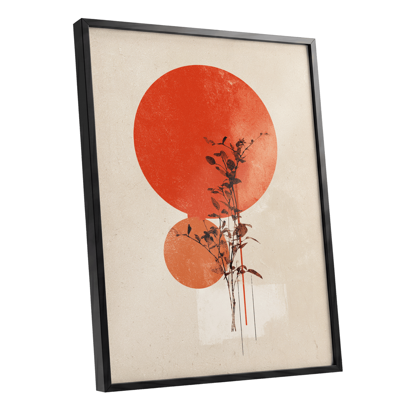 Solar Botanical Study, beige, red, orange nature wall art shown as a black framed poster wall art print
