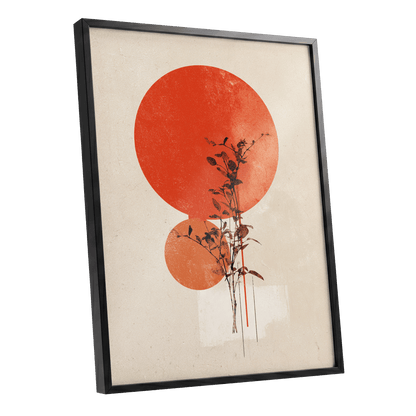 Solar Botanical Study, beige, red, orange nature wall art shown as a black framed poster wall art print