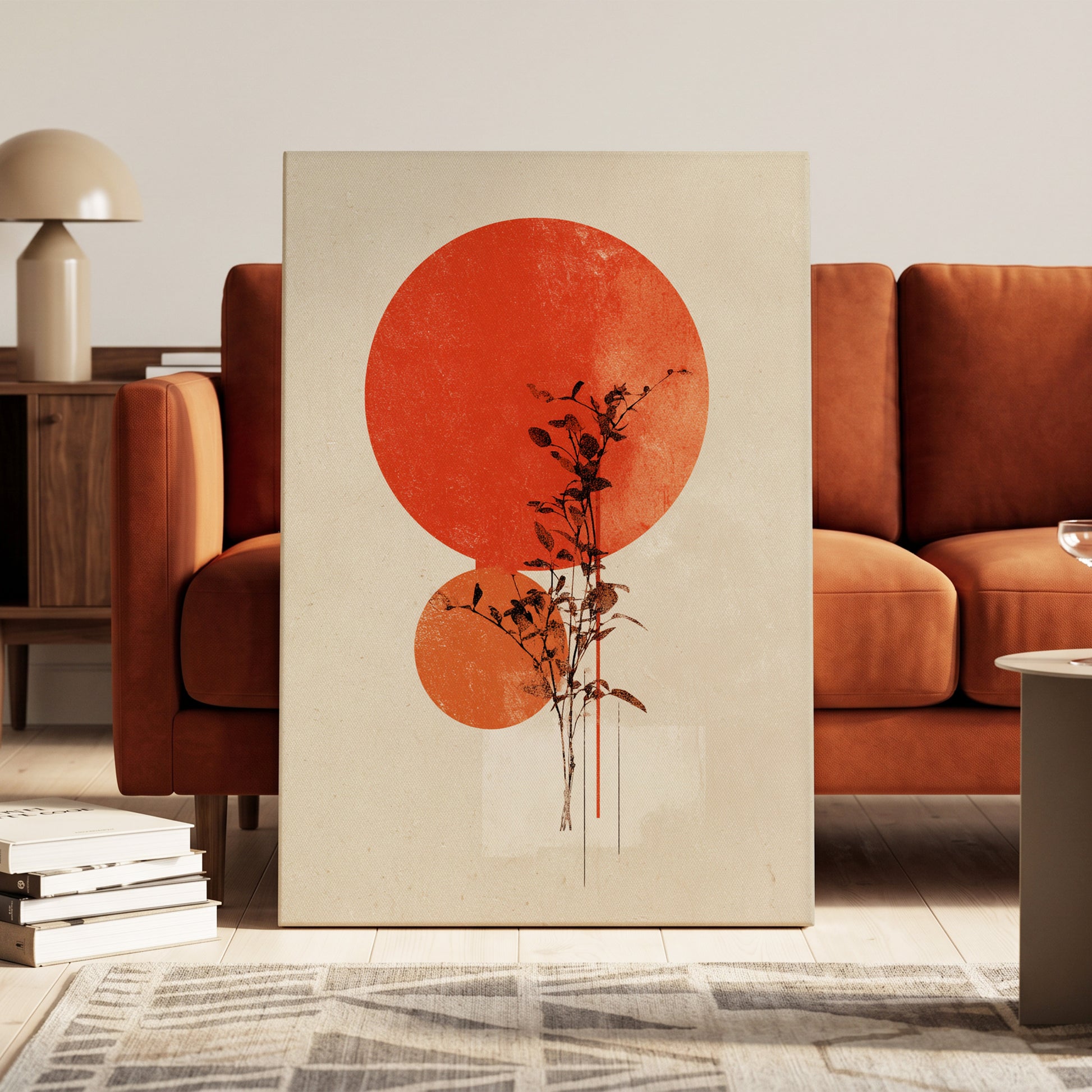 Solar Botanical Study, beige, red, orange nature wall art on canvas displayed in a styled interior, gallery view 1