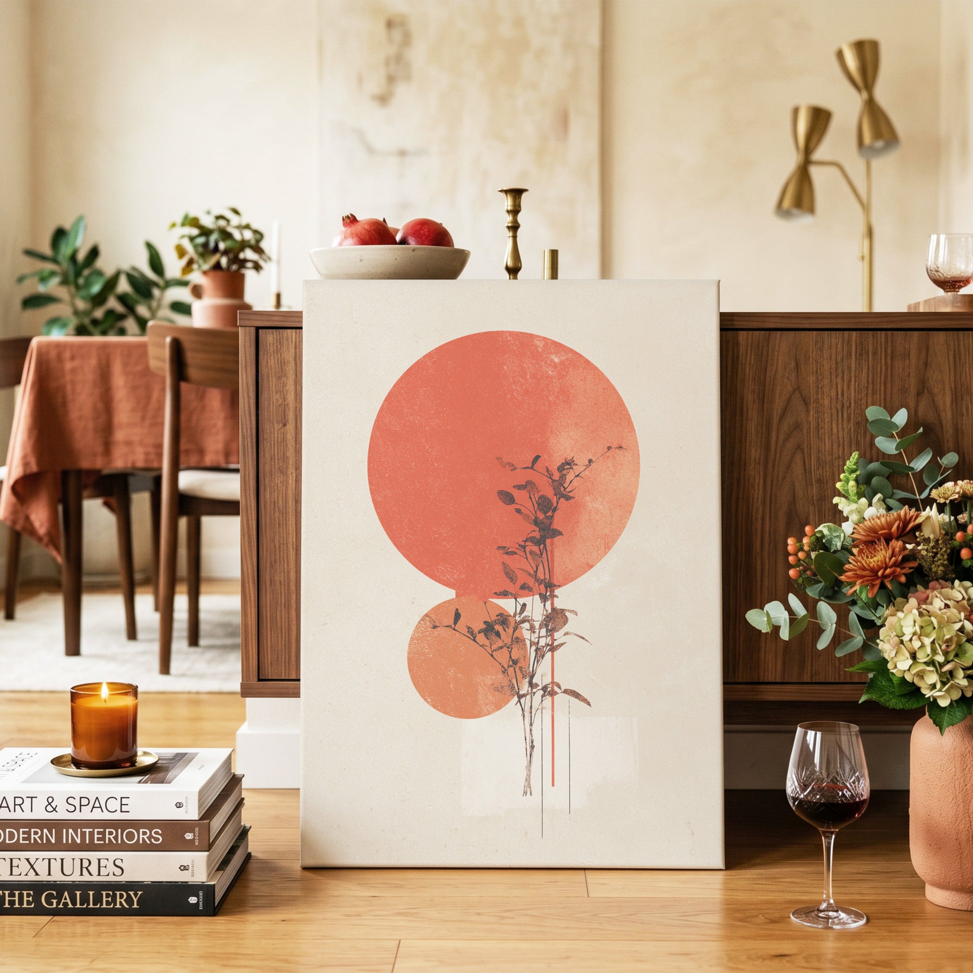 Solar Botanical Study, beige, red, orange nature wall art on canvas displayed in a styled interior, gallery view 2
