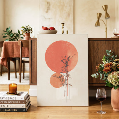 Solar Botanical Study, beige, red, orange nature wall art on canvas displayed in a styled interior, gallery view 2