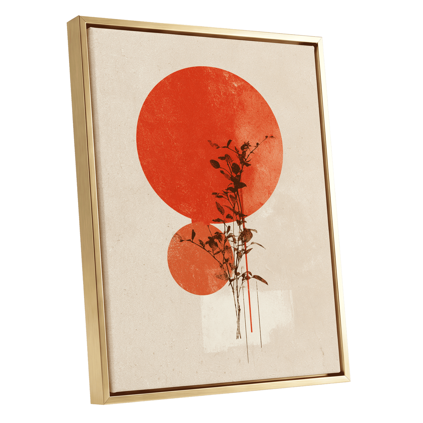 Solar Botanical Study, beige, red, orange nature wall art shown as a gold framed canvas wall art