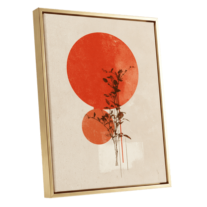 Solar Botanical Study, beige, red, orange nature wall art shown as a gold framed canvas wall art