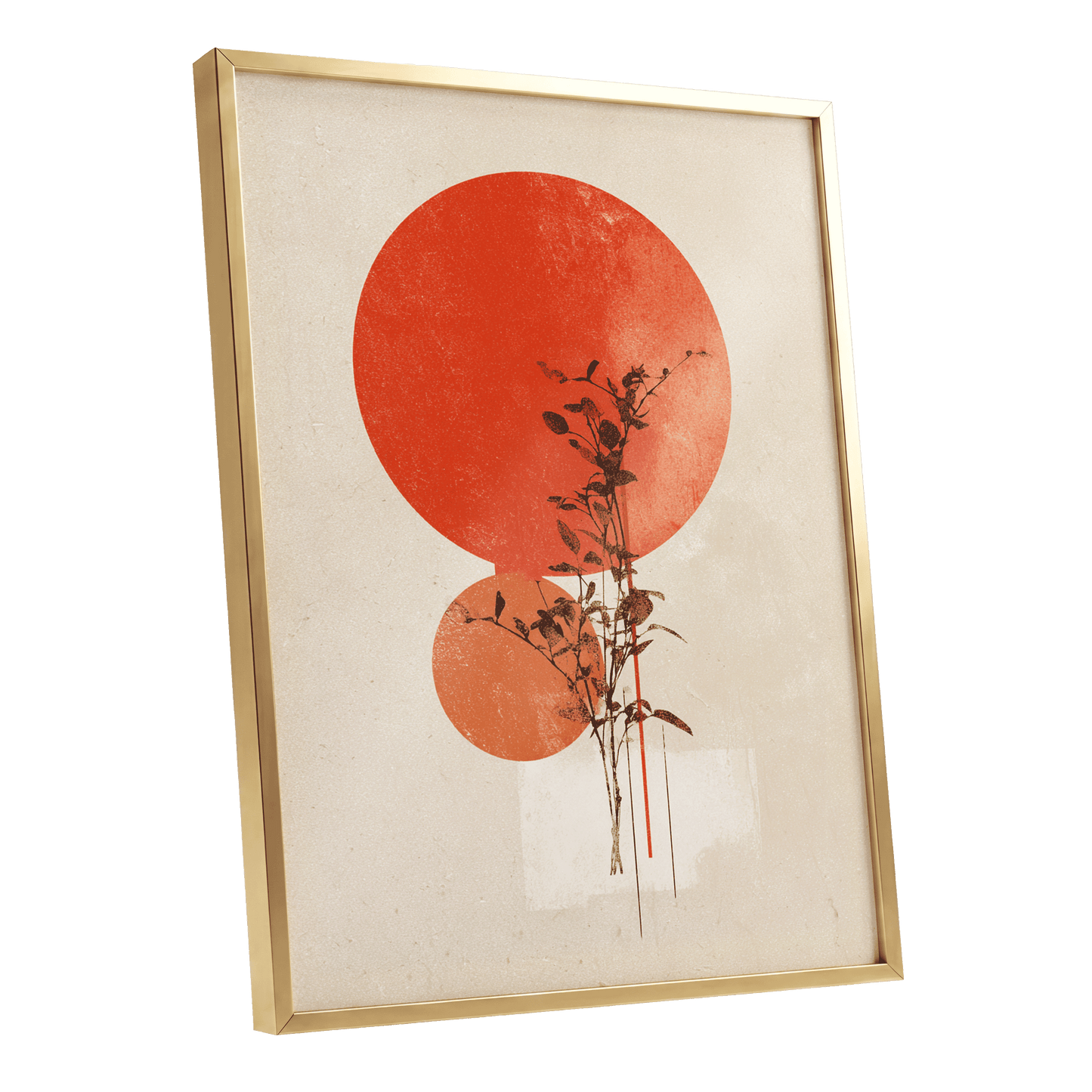 Solar Botanical Study, beige, red, orange nature wall art shown as a gold framed poster wall art print