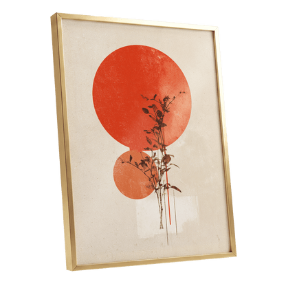 Solar Botanical Study, beige, red, orange nature wall art shown as a gold framed poster wall art print