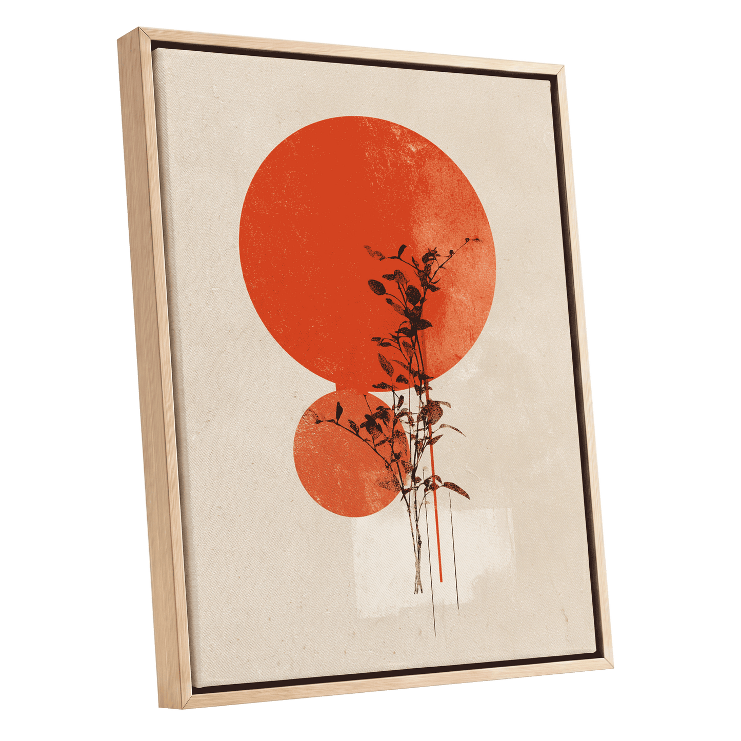 Solar Botanical Study, beige, red, orange nature wall art shown as a oak framed canvas wall art