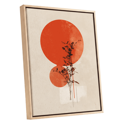 Solar Botanical Study, beige, red, orange nature wall art shown as a oak framed canvas wall art