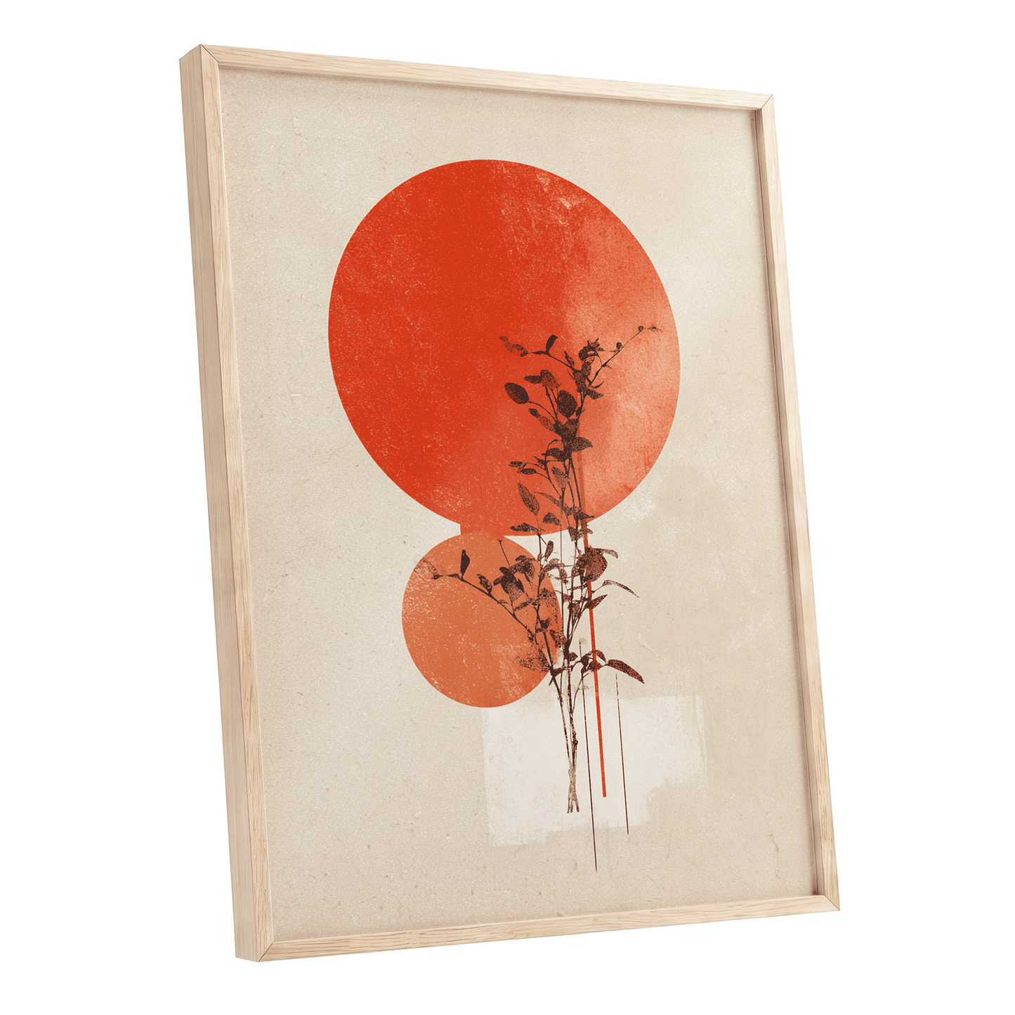 Solar Botanical Study, beige, red, orange nature wall art shown as a oak framed poster wall art print