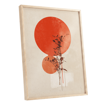 Solar Botanical Study, beige, red, orange nature wall art shown as a oak framed poster wall art print