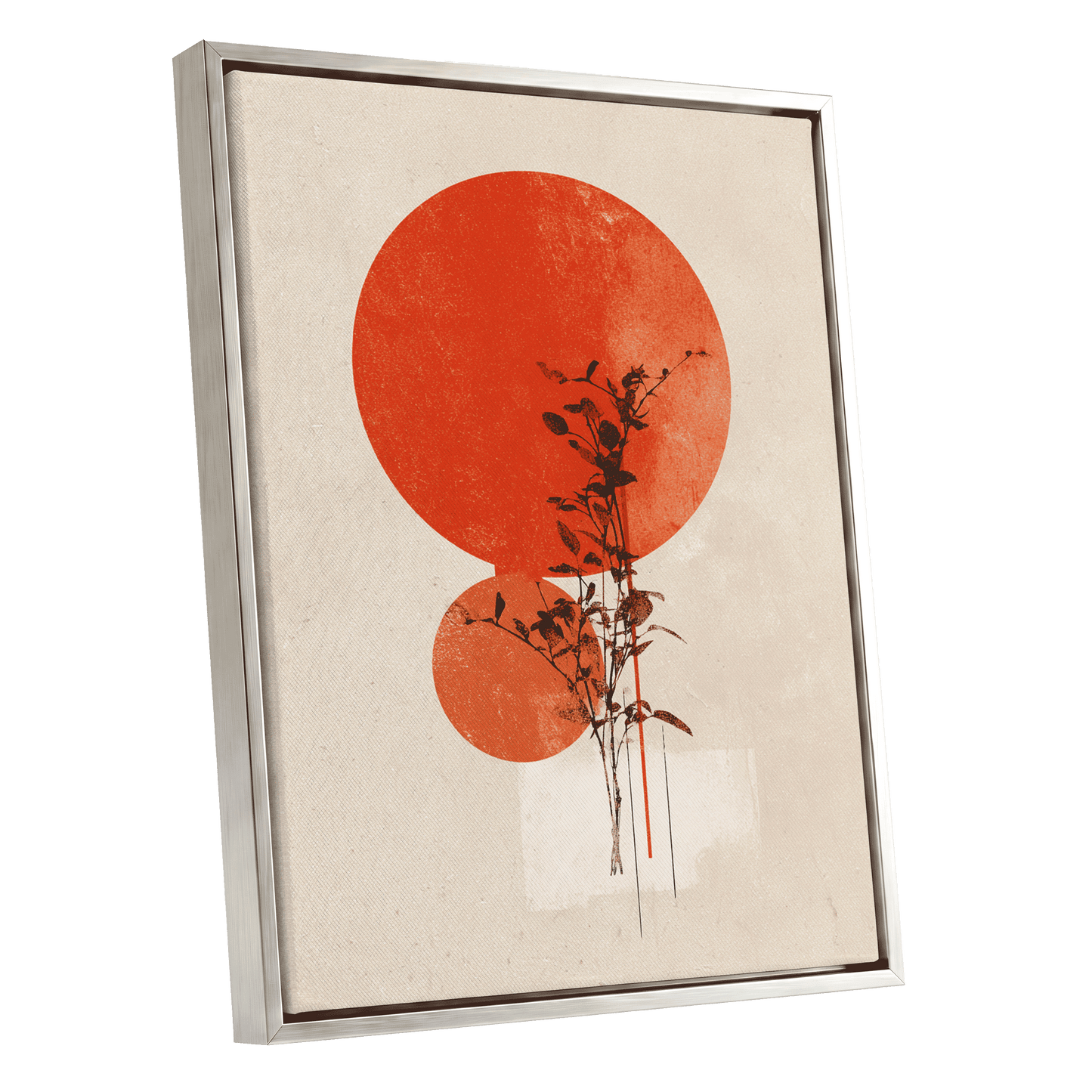 Solar Botanical Study, beige, red, orange nature wall art shown as a silver framed canvas wall art