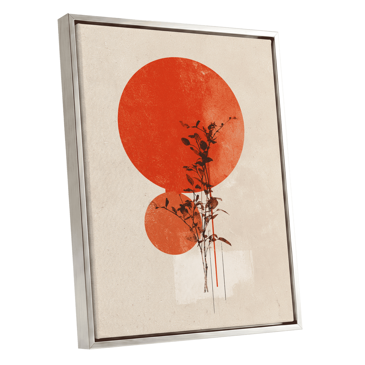 Solar Botanical Study, beige, red, orange nature wall art shown as a silver framed canvas wall art
