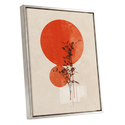 Solar Botanical Study, beige, red, orange nature wall art shown as a silver framed canvas wall art