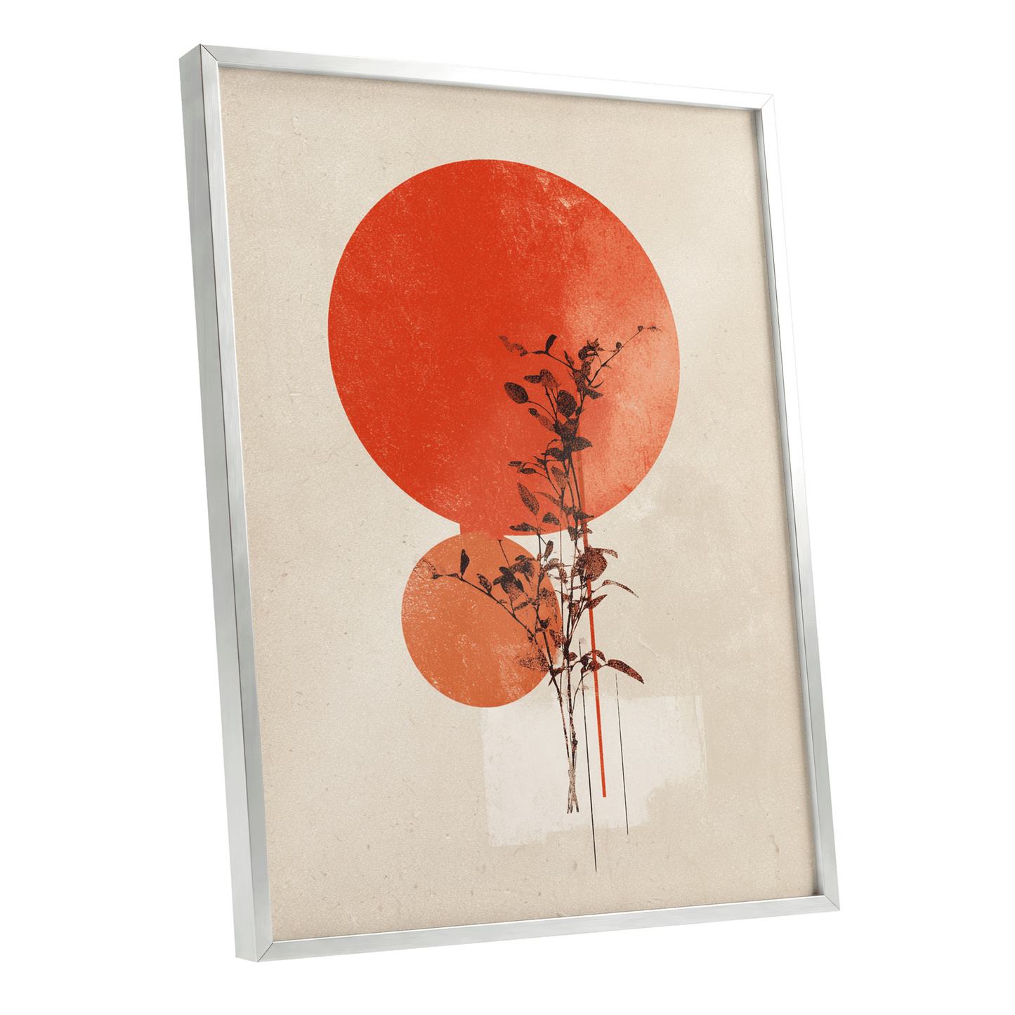 Solar Botanical Study, beige, red, orange nature wall art shown as a silver framed poster wall art print