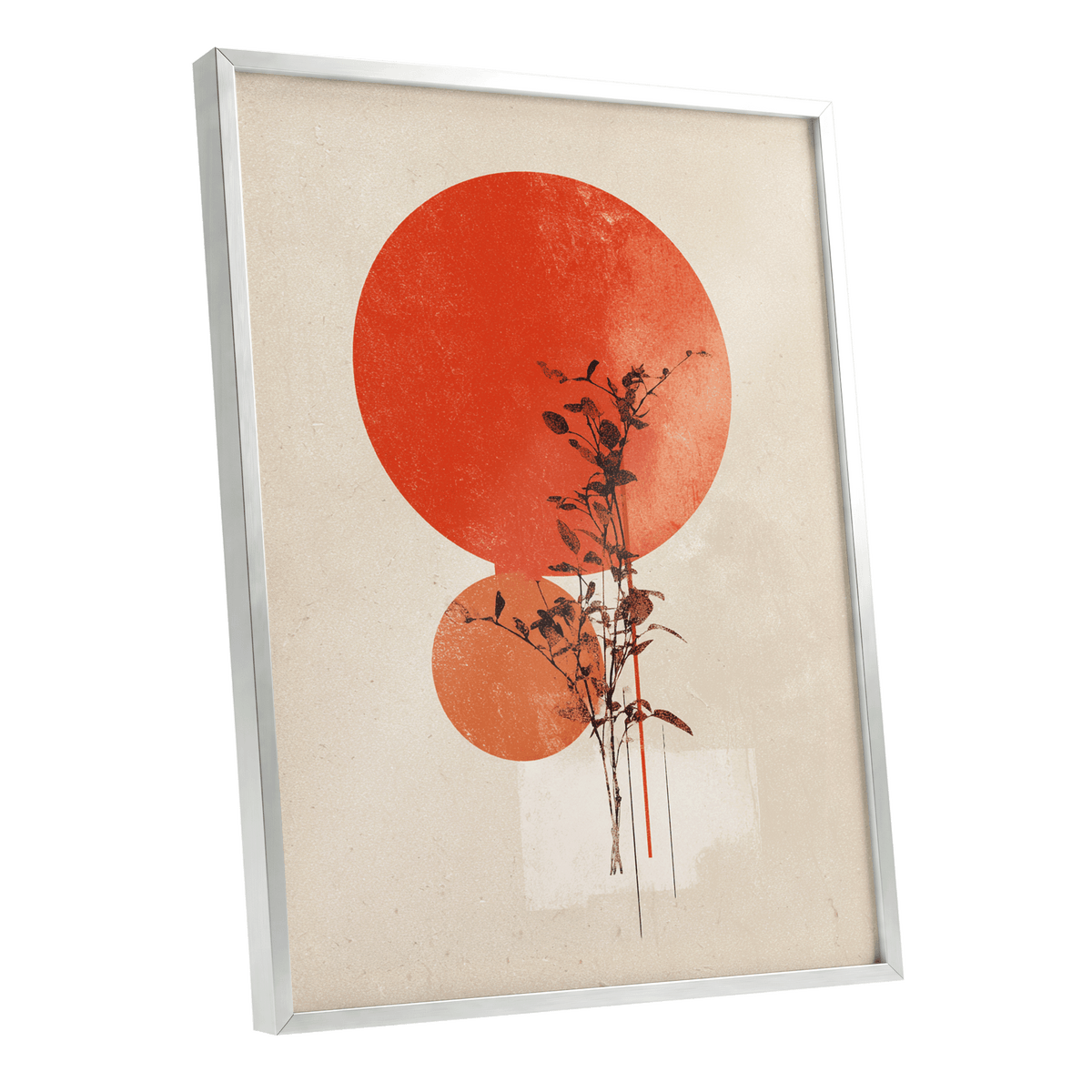 Solar Botanical Study, beige, red, orange nature wall art shown as a silver framed poster wall art print