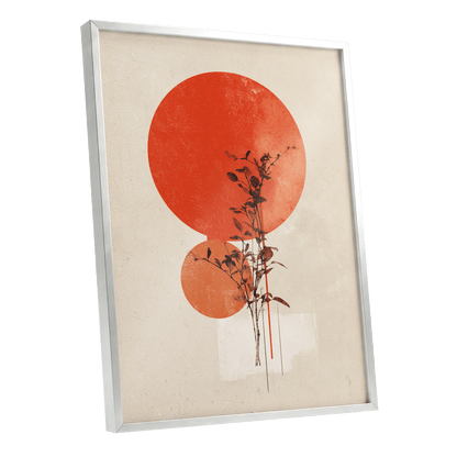 Solar Botanical Study, beige, red, orange nature wall art shown as a silver framed poster wall art print