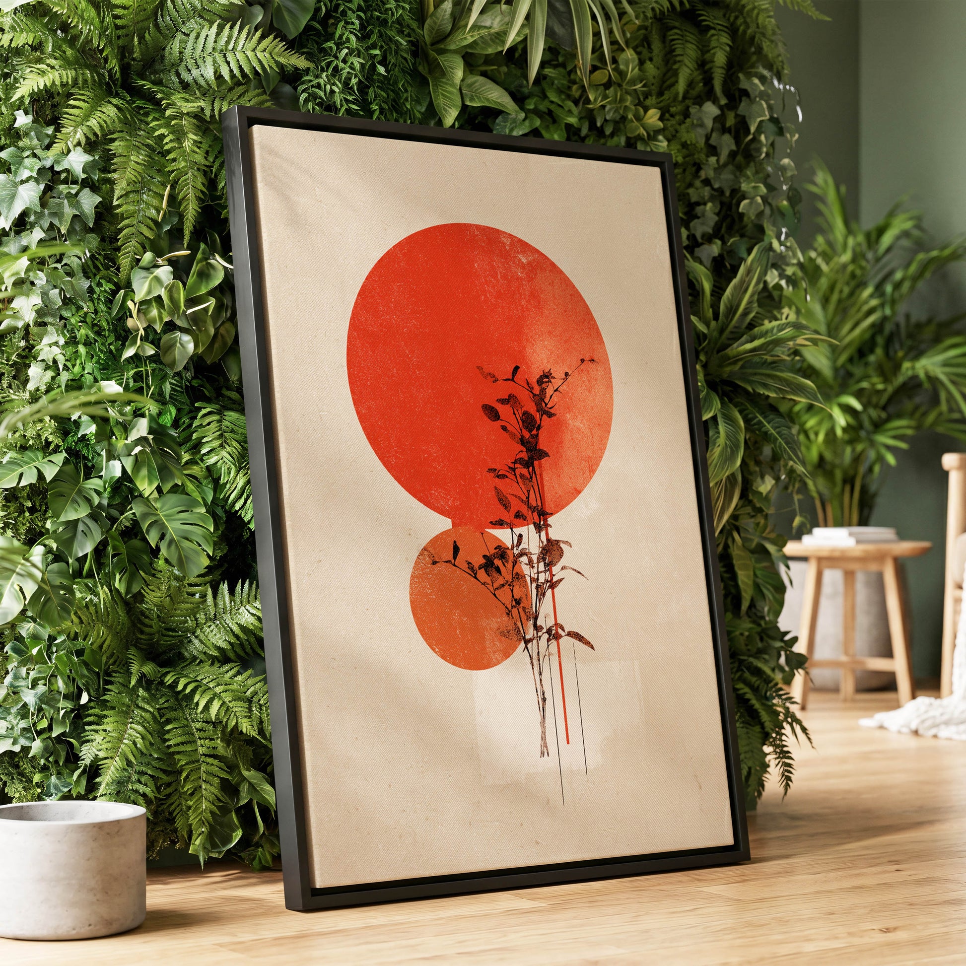 Solar Botanical Study, beige, red, orange nature wall art displayed in a styled interior, gallery view 1