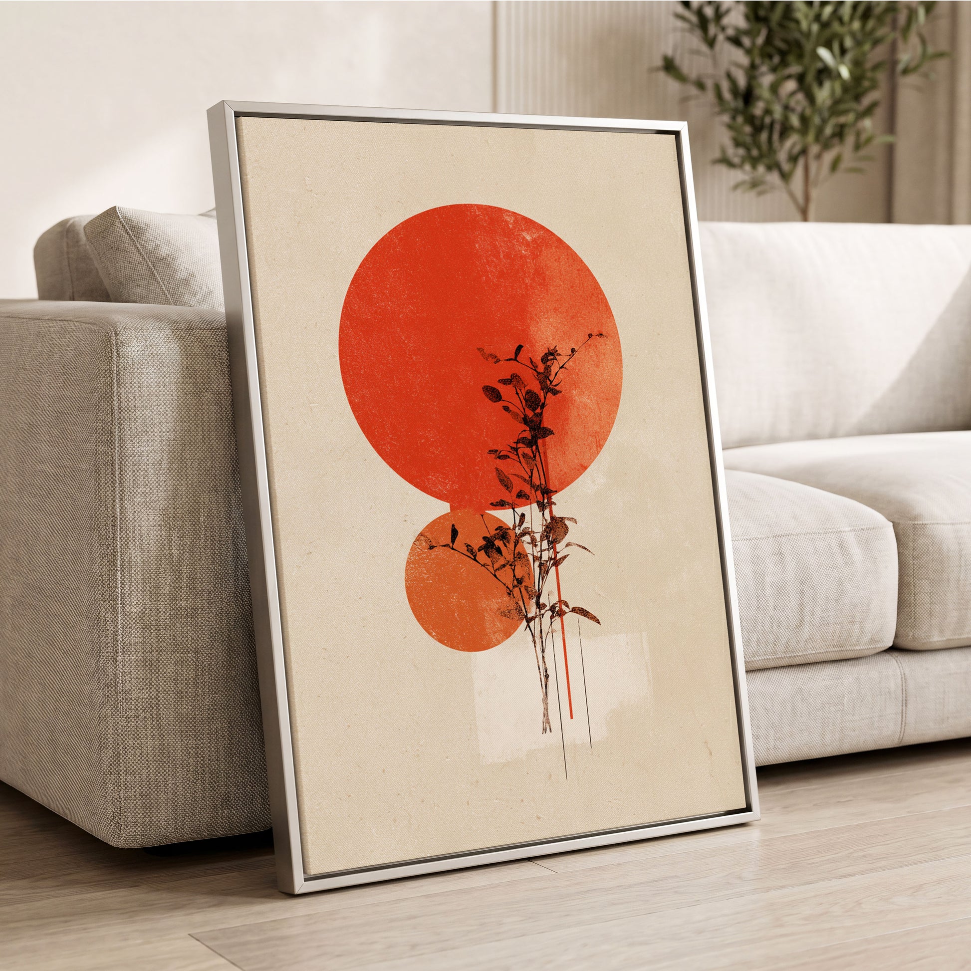 Solar Botanical Study, beige, red, orange nature wall art displayed in a styled interior, gallery view 2