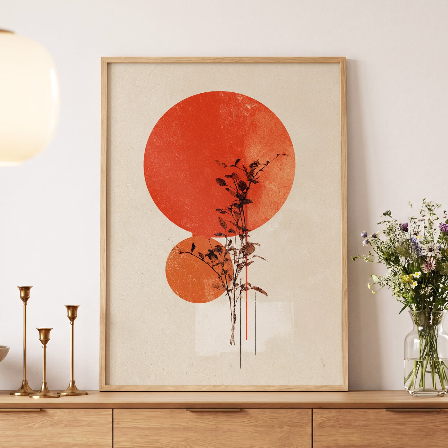 Solar Botanical Study, beige, red, orange nature wall art displayed in a styled interior, gallery view 5