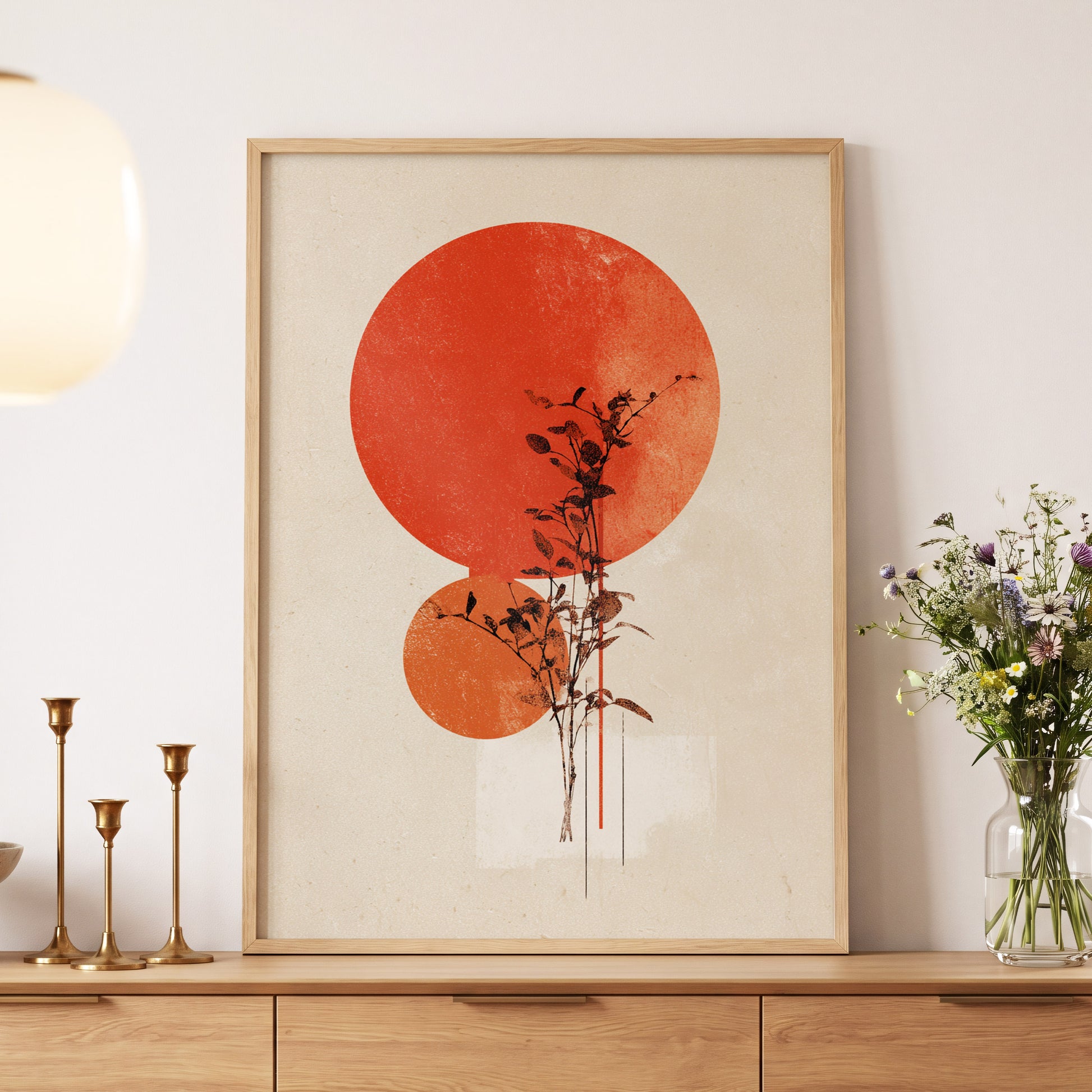 Solar Botanical Study, beige, red, orange nature wall art displayed in a styled interior, gallery view 5