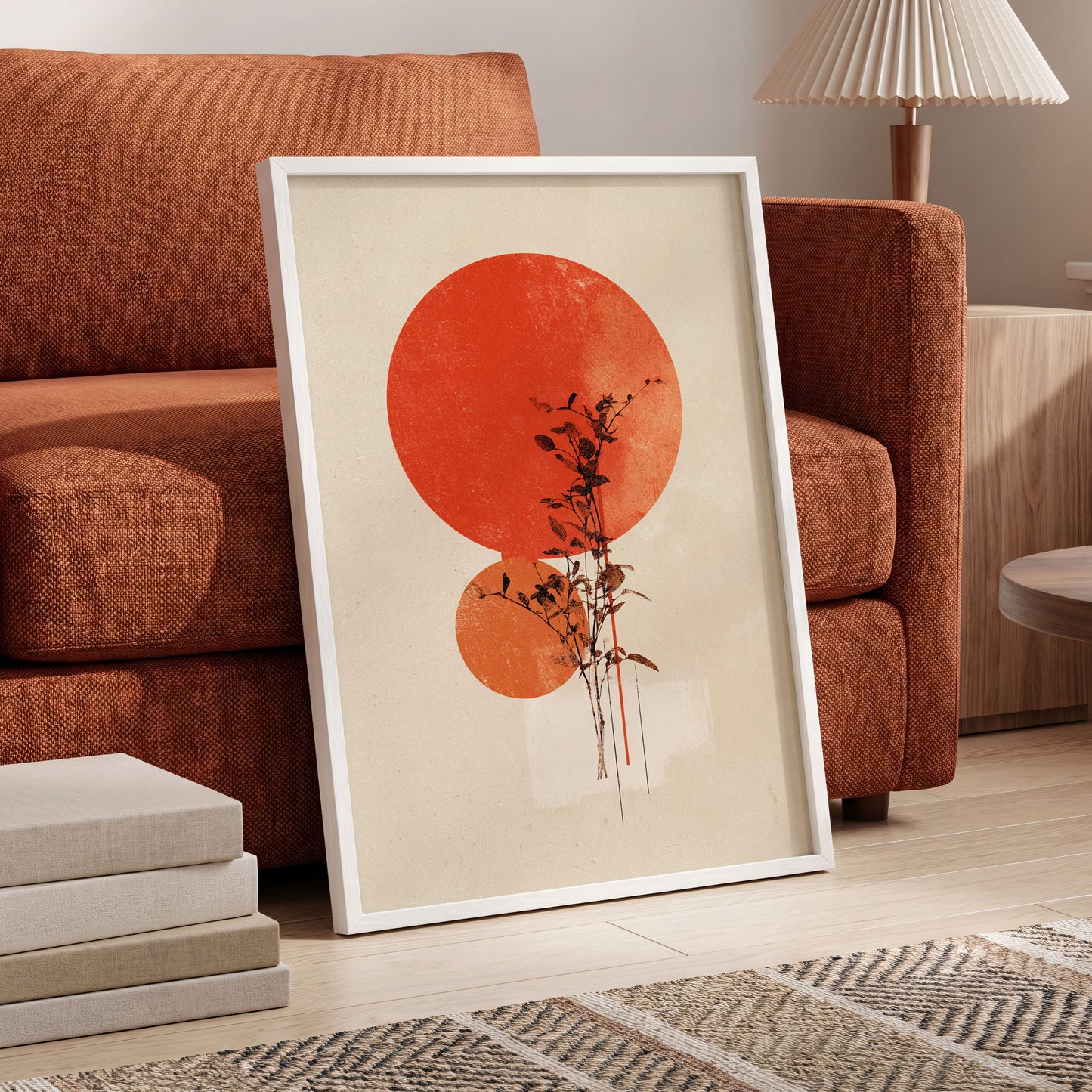 Solar Botanical Study, beige, red, orange nature wall art displayed in a styled interior, gallery view 6
