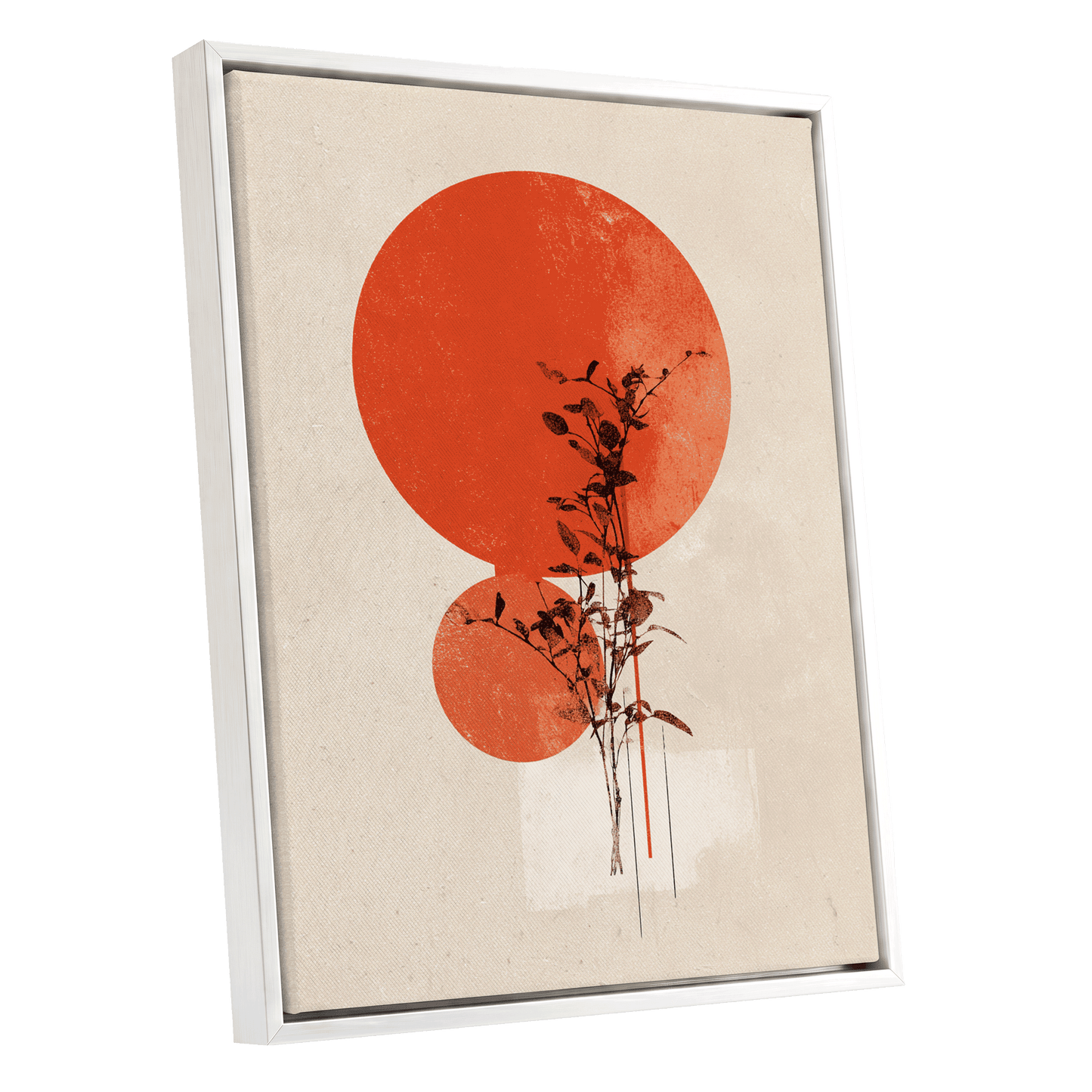Solar Botanical Study, beige, red, orange nature wall art shown as a white framed canvas wall art