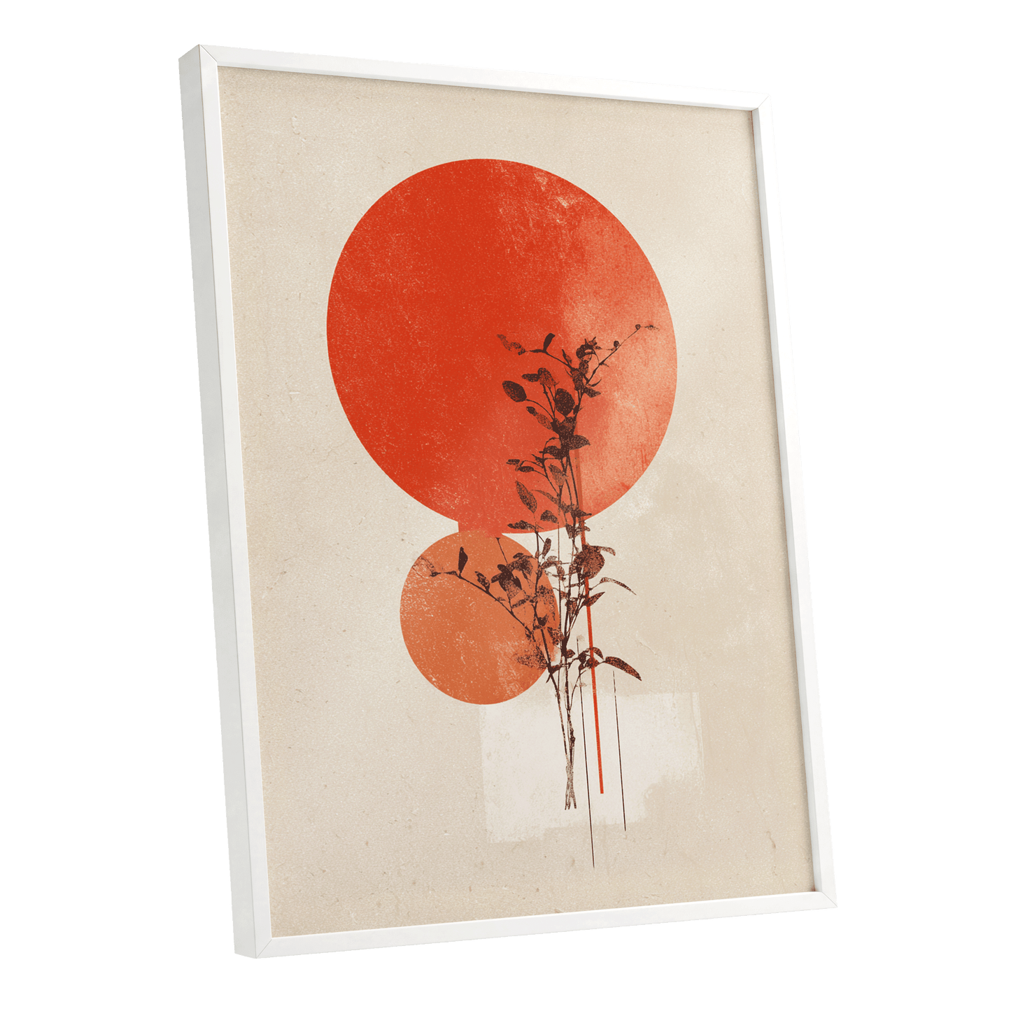Solar Botanical Study, beige, red, orange nature wall art shown as a white framed poster wall art print