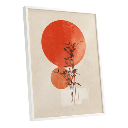 Solar Botanical Study, beige, red, orange nature wall art shown as a white framed poster wall art print