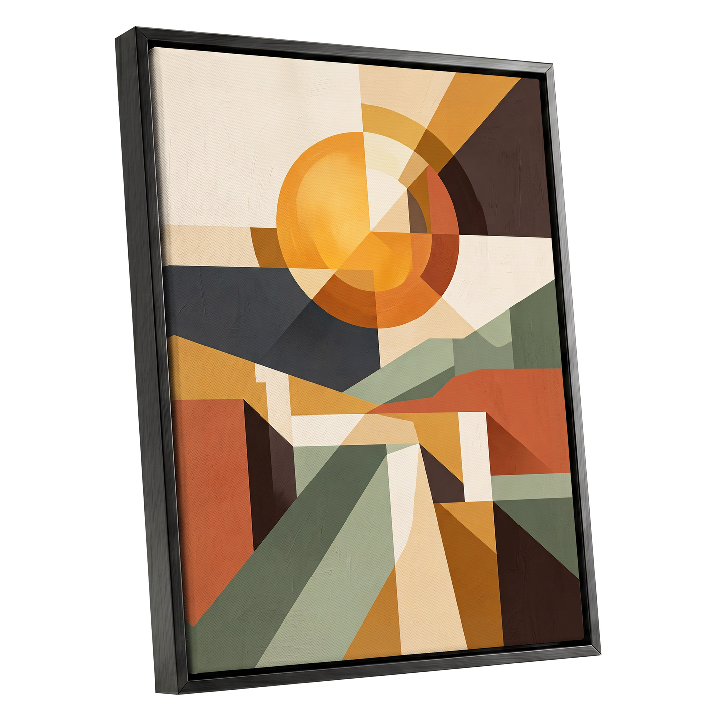 Solar Convergence, orange, beige, brown abstract wall art shown as a black framed canvas wall art
