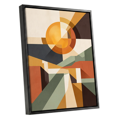 Solar Convergence, orange, beige, brown abstract wall art shown as a black framed canvas wall art