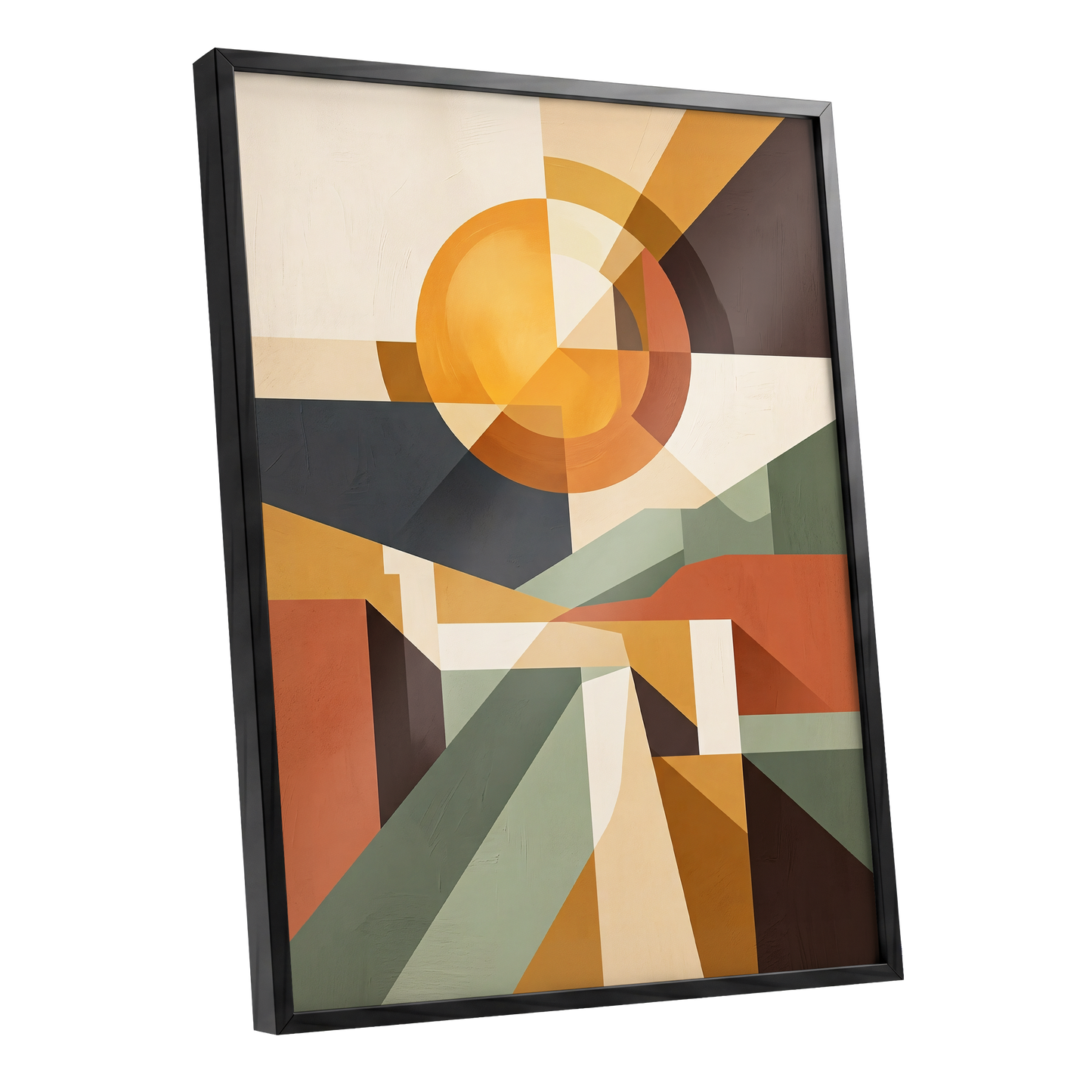 Solar Convergence, orange, beige, brown abstract wall art shown as a black framed poster wall art print