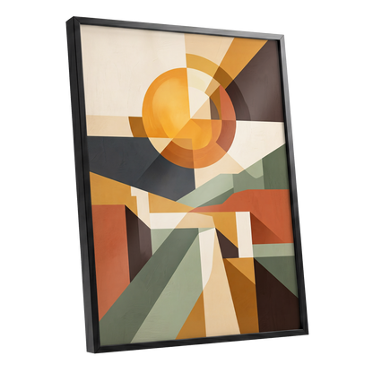 Solar Convergence, orange, beige, brown abstract wall art shown as a black framed poster wall art print