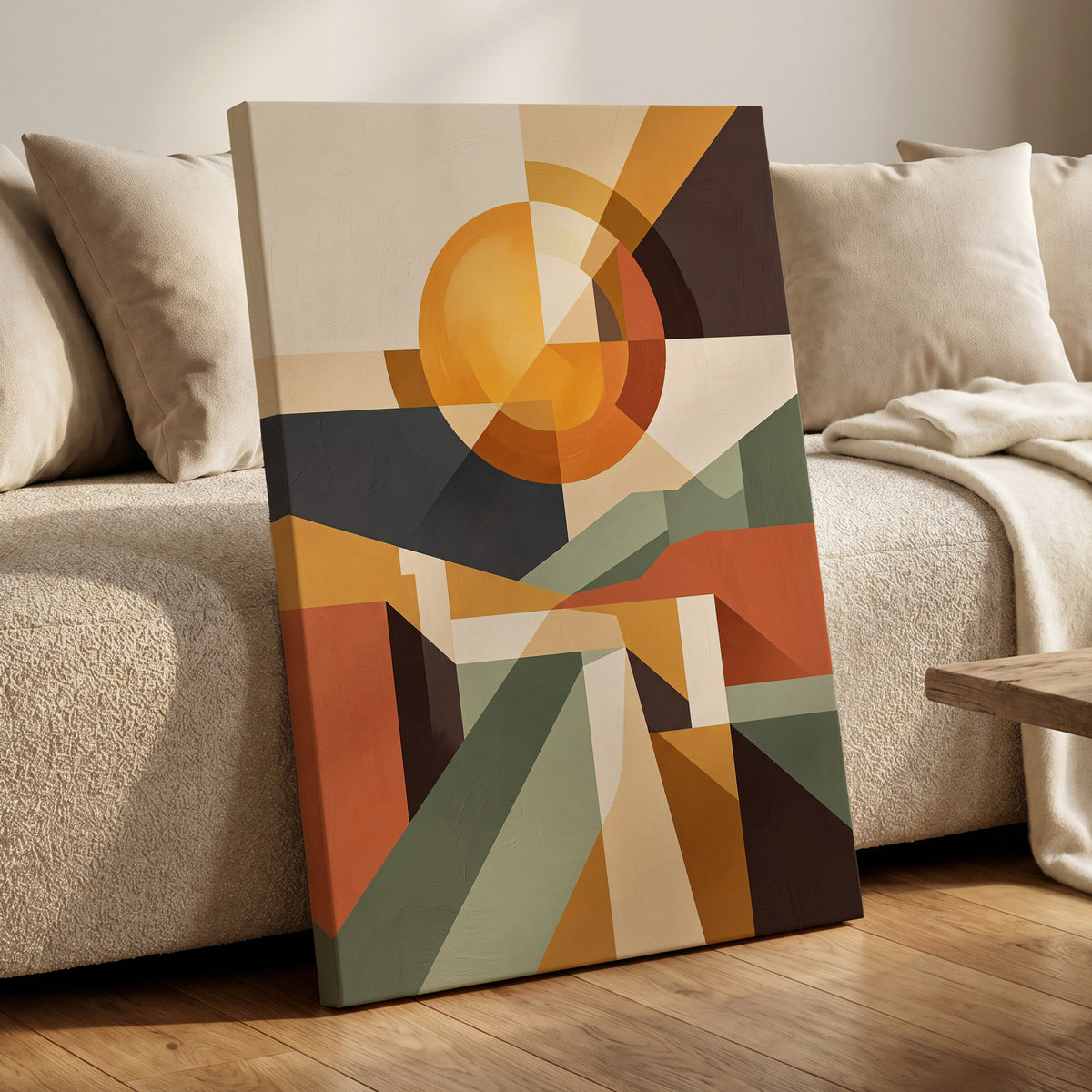 Solar Convergence, orange, beige, brown abstract wall art on canvas displayed in a styled interior, gallery view 1