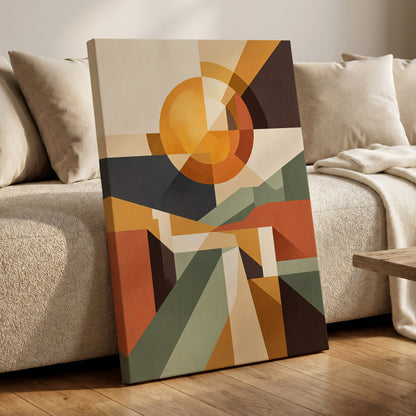 Solar Convergence, orange, beige, brown abstract wall art on canvas displayed in a styled interior, gallery view 1
