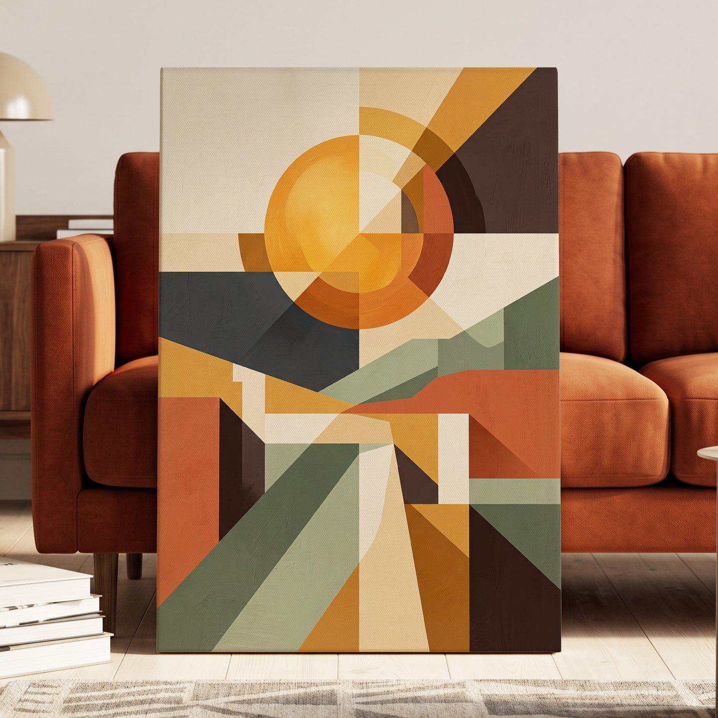 Solar Convergence, orange, beige, brown abstract wall art on canvas displayed in a styled interior, gallery view 2