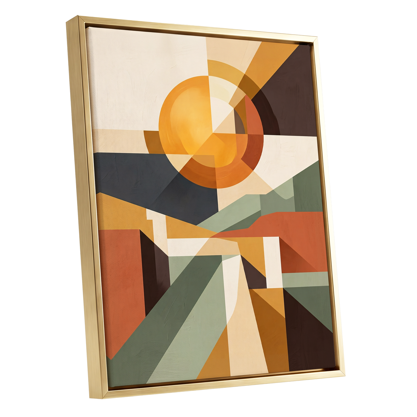 Solar Convergence, orange, beige, brown abstract wall art shown as a gold framed canvas wall art