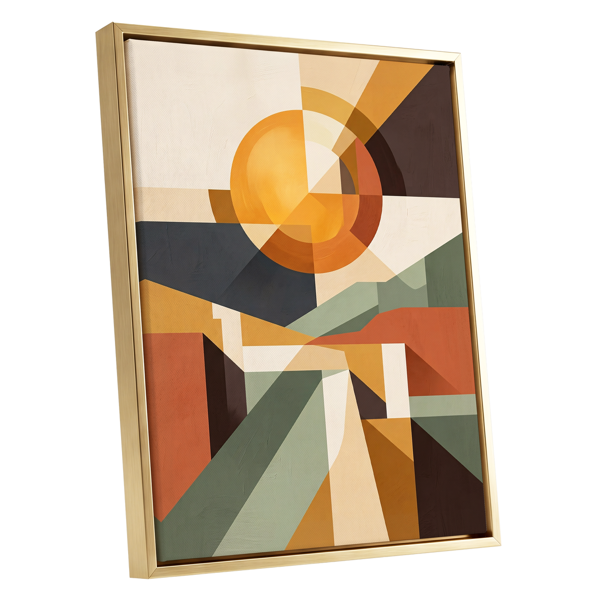 Solar Convergence, orange, beige, brown abstract wall art shown as a gold framed canvas wall art