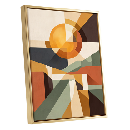 Solar Convergence, orange, beige, brown abstract wall art shown as a gold framed canvas wall art