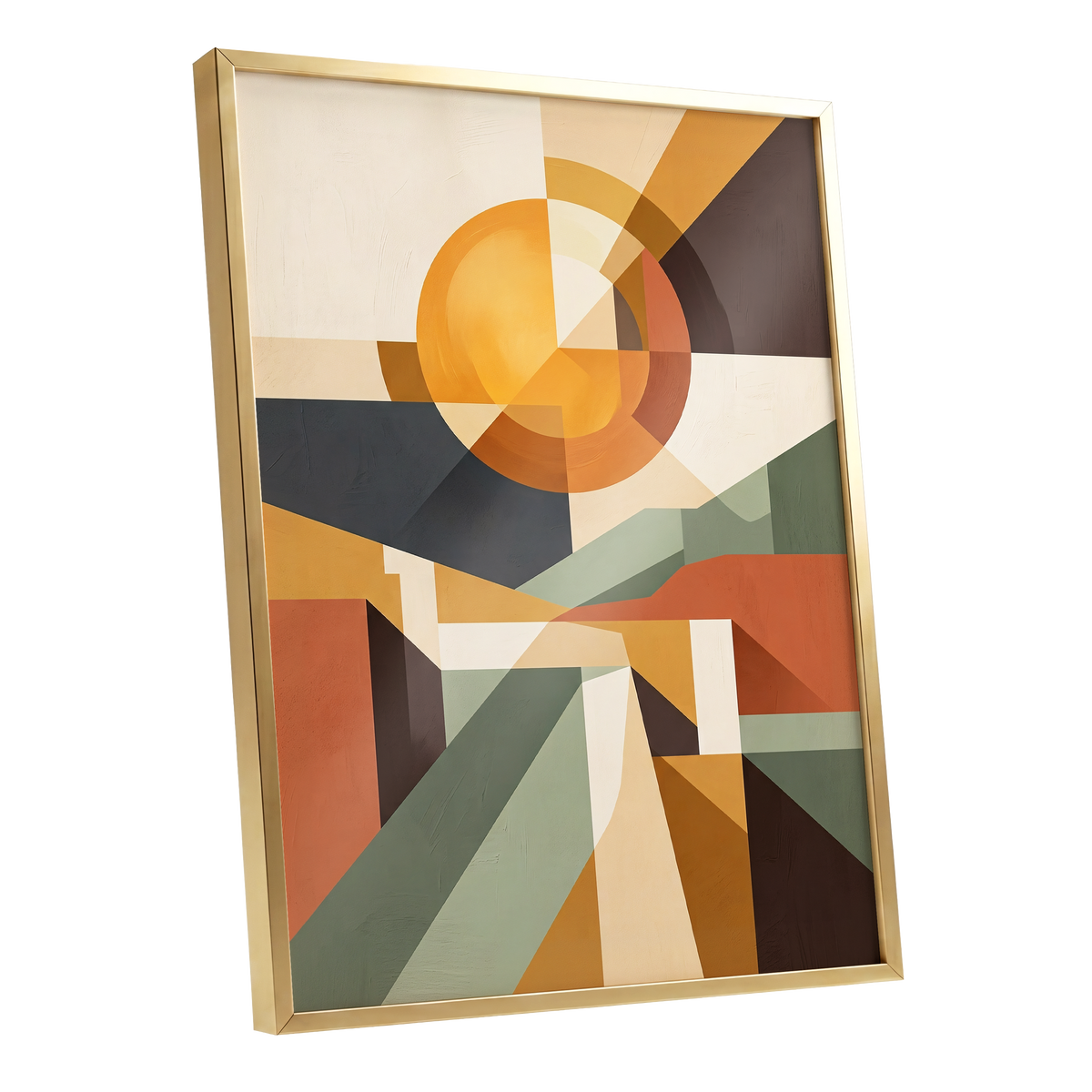 Solar Convergence, orange, beige, brown abstract wall art shown as a gold framed poster wall art print