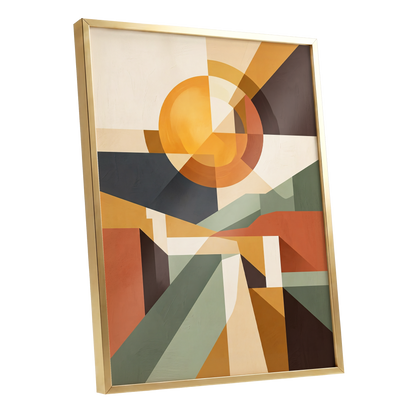 Solar Convergence, orange, beige, brown abstract wall art shown as a gold framed poster wall art print