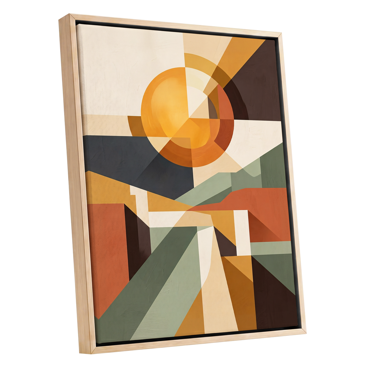 Solar Convergence, orange, beige, brown abstract wall art shown as a oak framed canvas wall art