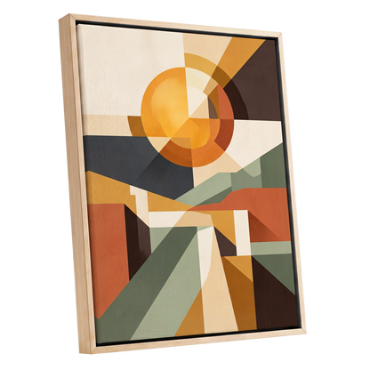 Solar Convergence, orange, beige, brown abstract wall art shown as a oak framed canvas wall art