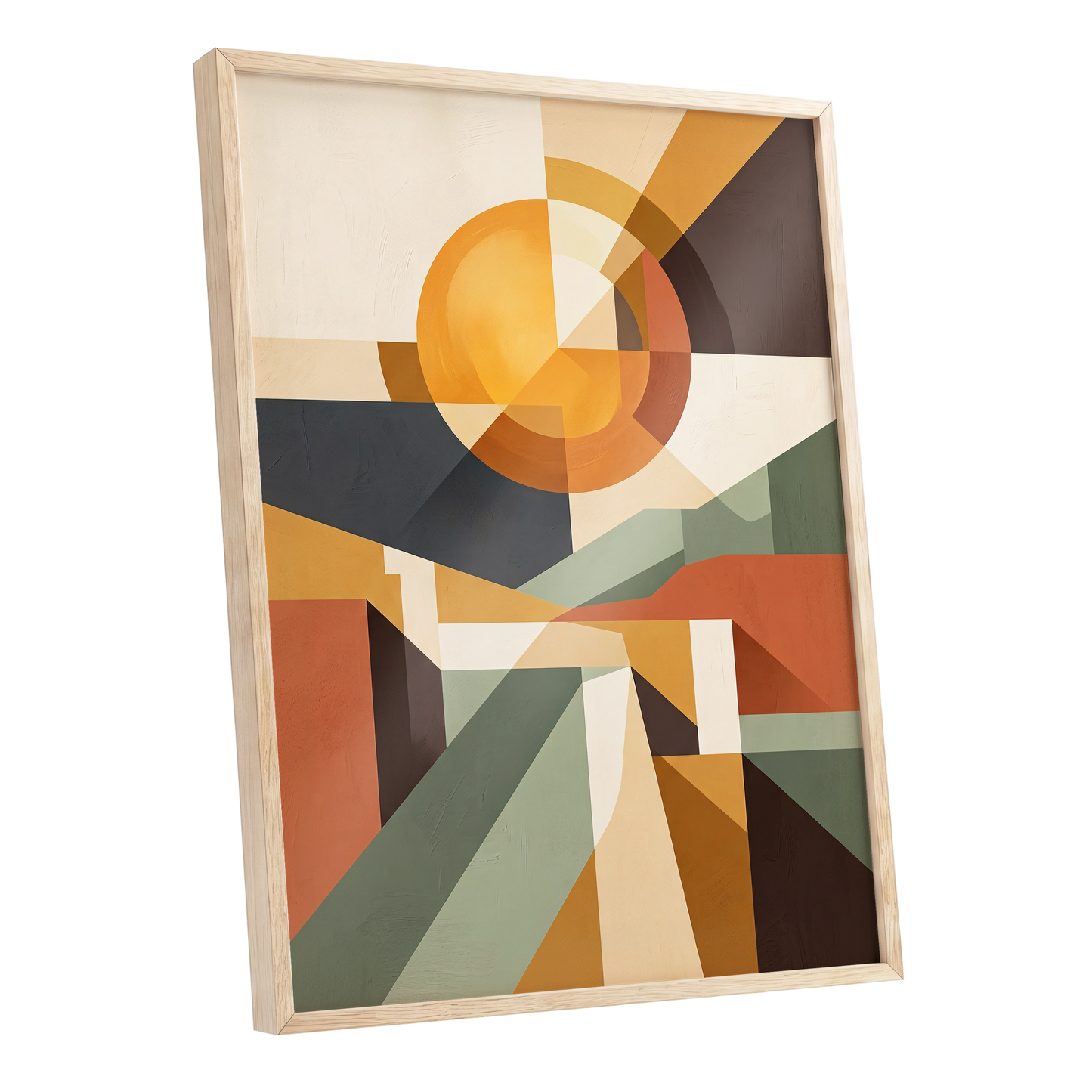 Solar Convergence, orange, beige, brown abstract wall art shown as a oak framed poster wall art print