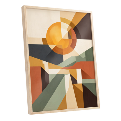 Solar Convergence, orange, beige, brown abstract wall art shown as a oak framed poster wall art print