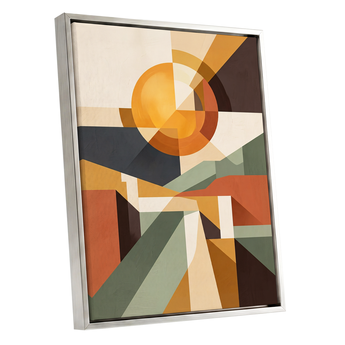 Solar Convergence, orange, beige, brown abstract wall art shown as a silver framed canvas wall art